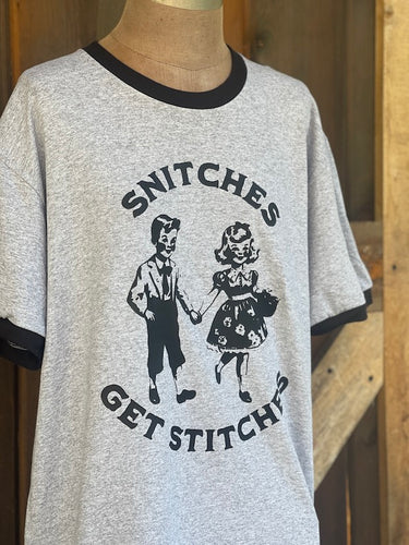 Snitches Get Stitches Ringer Tee- Grey/ Black